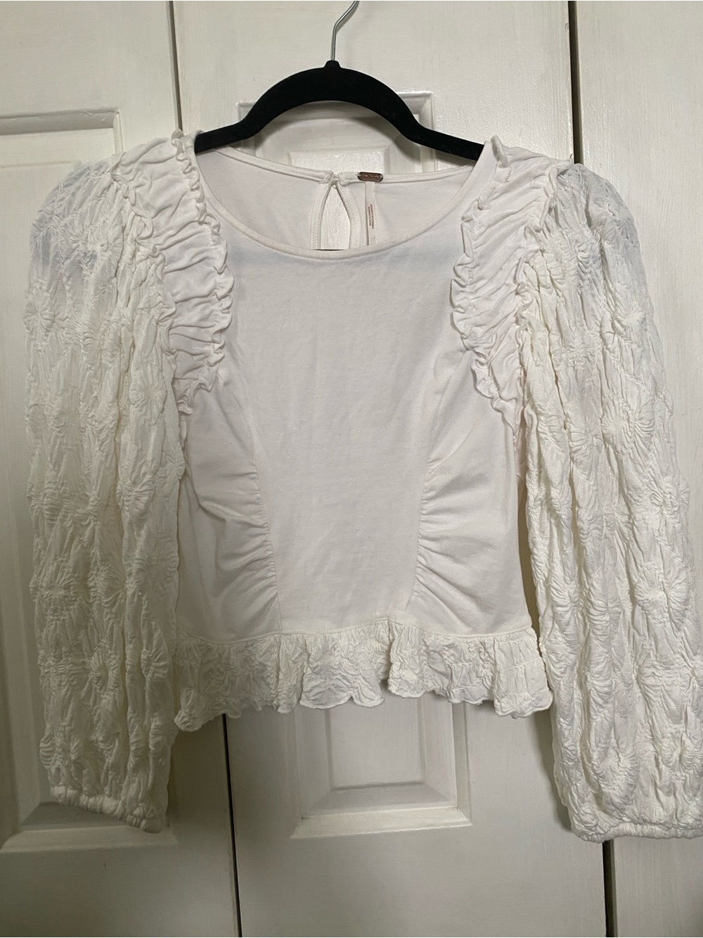 Free People White Ruffled Puff-Sleeve Women's Top